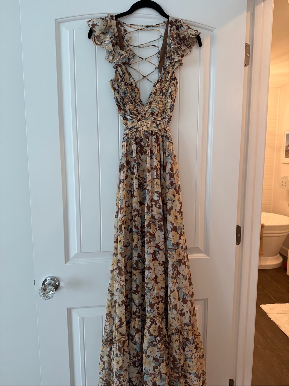 ASTR Floral Lace-Up Maxi Dress in Brown and Cream